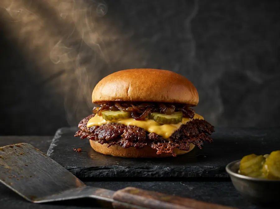 Le Classic : smash burger simple, cheddar fondu, pickles et oignons caramélisés